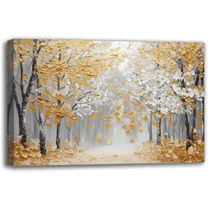 3D Hand Painted Golden Forest Framed Wall Art Prints, Modern Abstract Oil Paintings Acrylic Painted on Canvas Decor for Living room Bedroom Dining room Artwork for Home Walls Ready to Hang 18x12 inch (18W" X 12L")