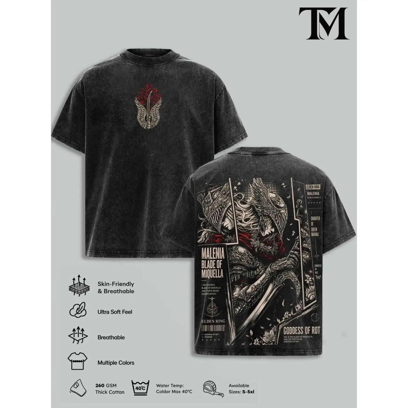 Men's Oversized Vintage Washed Heavyweight Cotton Round Neck Short Tops - 5 Elden Ring Prints (Ranni, Malenia, Radahn, Maliketh) Dark Fantasy Soulslike RPG Streetwear, FromSoftware Gamer Merch Gift for Fans, Menswear HHU