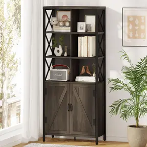 Bookshelf with Doors, Rustic Wood Bookcase with Cabinet, Industrial Tall Cubby Book Shelf and Cube Organizer Shelf for Living Room (Walnut Brown)