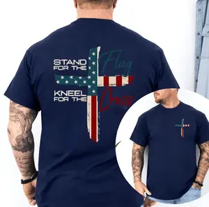 Stand For The Flag Kneel For The Cross 4th Of July T-Shirt, Graphic Tees for Men Cotton Fabric Casual Crew Neck Short Sleeve  Black Forest