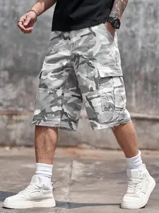Men's Summer Light Camo cargo breathable comfy shorts, Loose Wide Leg Five-Quarter Pants, Vintage Faded Hem Multi-Pocket, Casual Daily Wear