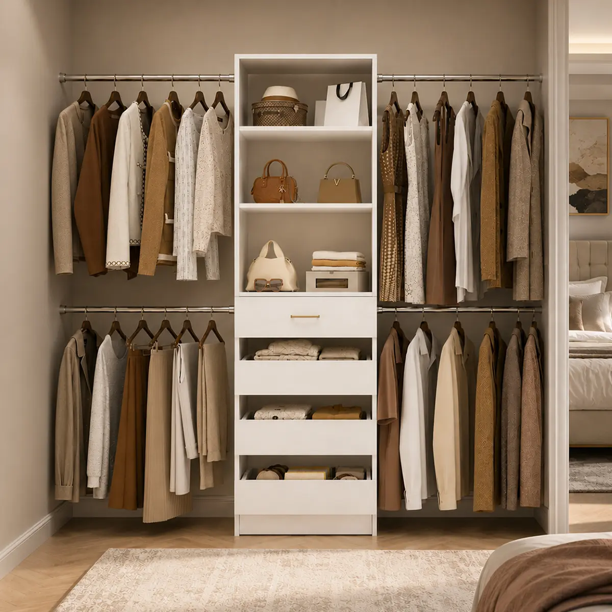 75''-115'' W Adjustable Closet System with 4 Wood Drawers and Hanging Rods, Modern 4-9FT Walk-in Closet Organizer Wardrobe Rack with Shelves,  Aesthetic Design Bedroom Organizing Closet Organization Home Interior Furniture