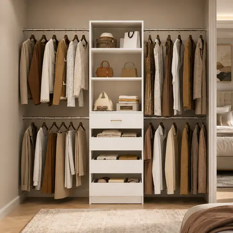 75''-115'' W Adjustable Closet System with 4 Wood Drawers and Hanging Rods, Modern 4-9FT Walk-in Closet Organizer Wardrobe Rack with Shelves,  Aesthetic Design Bedroom Organizing Closet Organization Home Interior Furniture,dorm essentials,home decor