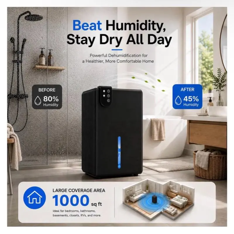98 OZ Small Dehumidifier for Home 1000 Sq Ft, Quiet Dehumidifier with Drain Hose, Auto Shut-Off, Sleep Mode, 7-Color Light for Basement, Bedroom, Bathroom, Closet, RV (White Grey)