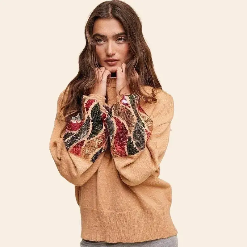 Sparkle & Cozy Charm: Sequins Delight Puff Sleeve Knit Pullover Sweater
