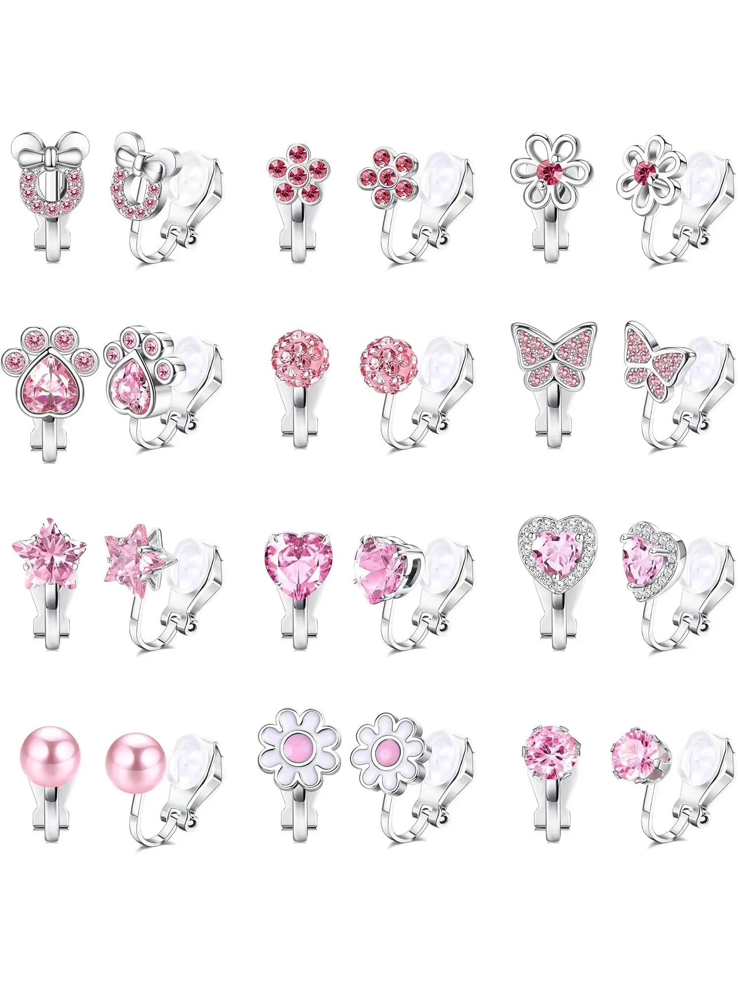 Fashionable 12 Pairs Pink Sweet Non Pierced Clip Earrings for Women Men Unisex Style Skin-friendly Hypoallergenic Alloy Construction Safe for Daily Wear Rich Adorable Designs Soft Faux Pearl Ornaments Glittering CZ Exquisite Butterfly Motifs