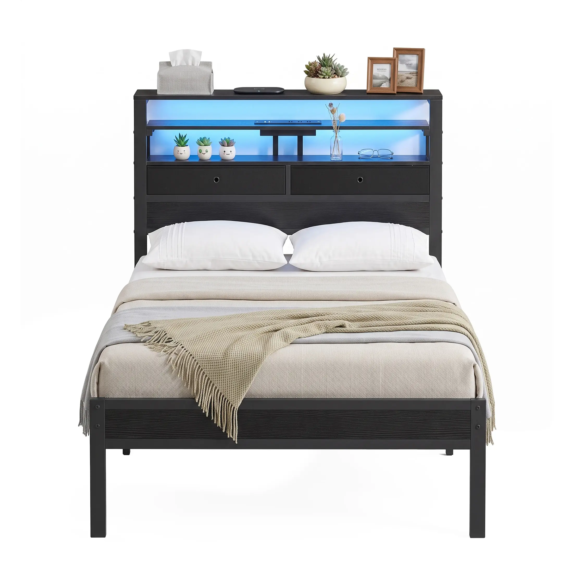 Bed Frames with Charging Station and LED Lights, Wood Headboard with 2 Fabric Drawers and Storage Shelves, Twin Size Platform Bed with Metal Slats, No Box Spring Needed