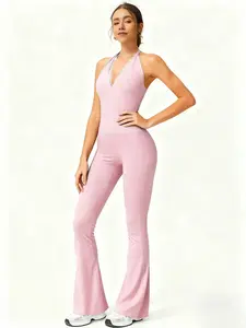 Women's V Neck Lace Jumpsuit Yoga, Backless Tight Fit Quick-Dry Sportswear, Micro Flare Long Pants for Gym Home Comfort
