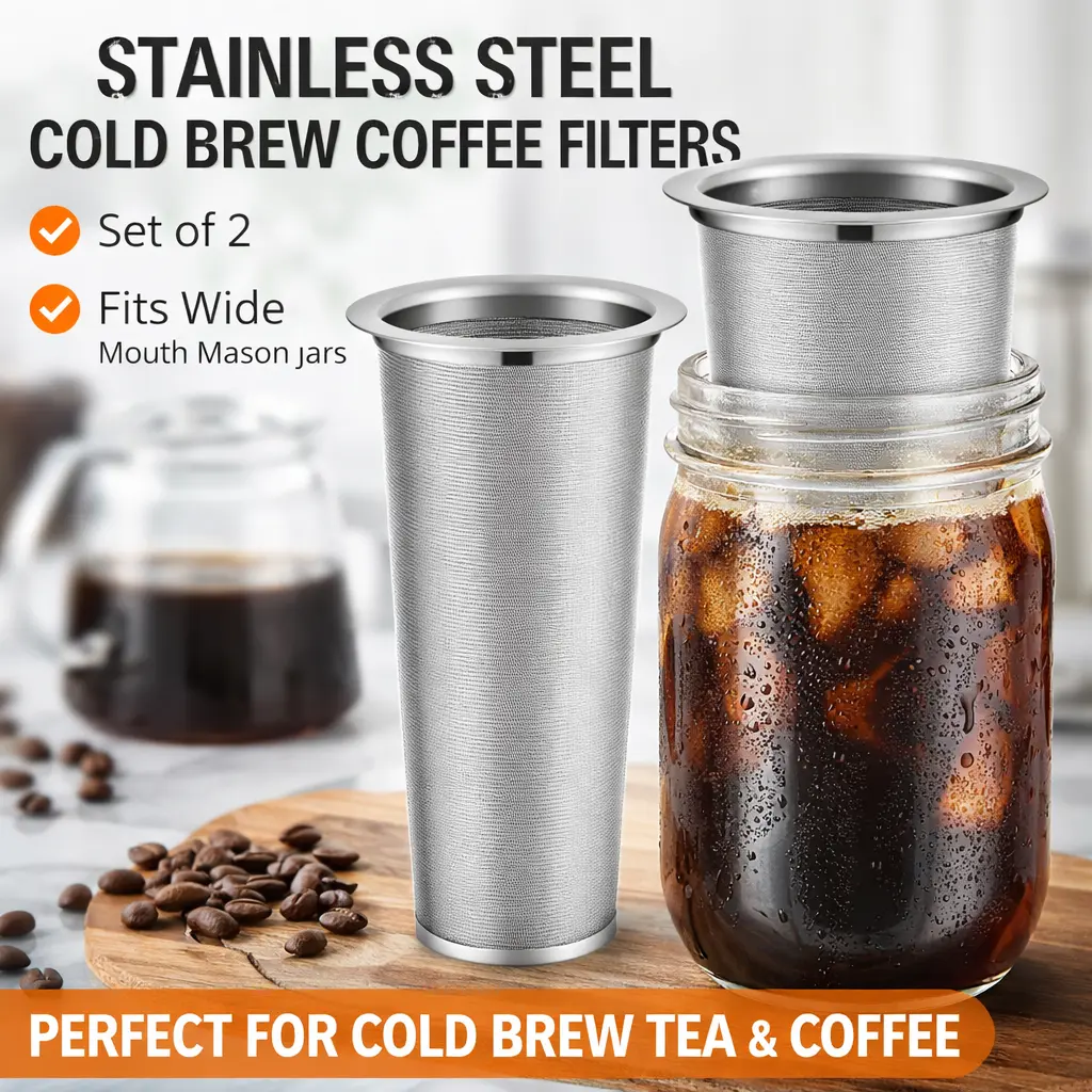 2pcs Reusable Cold Brew Coffee Filter - Stainless Steel Mesh Strainer for 64oz Wide Mouth Mason Jars, Iced Tea Maker & Fruit Infuser, No Paper Waste, Ideal for Coffee Lovers, Housewarmings Gift