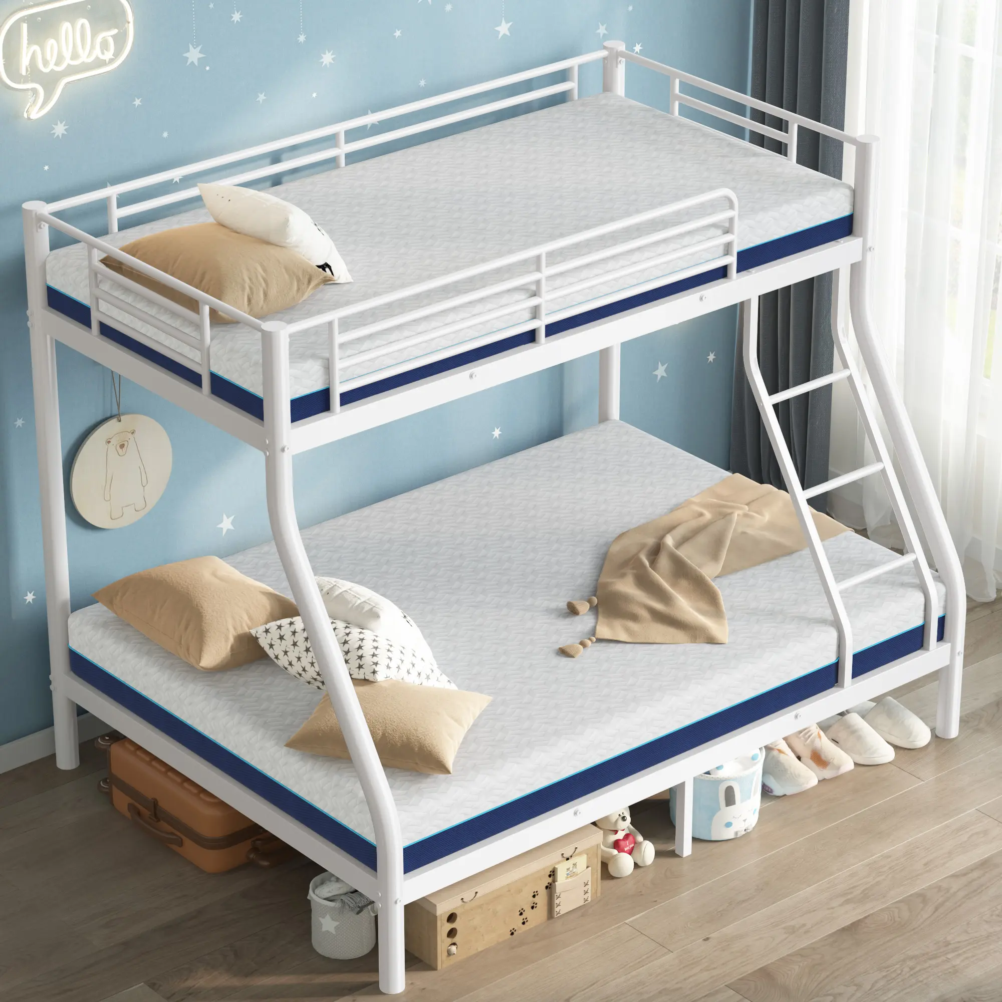 Classic Rectangular Twin & Full Metal Frame Bunk Bed with Memory Foam Top Mattress, Heavy-Duty Durable Design, Ladder, Guardrails, Fully Pre-Assembled, Space-Saving, No Box Spring Needed, Ideal for Adults & Teens