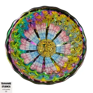 Luminous "Fu" Character Porcelain Teacup Colorful Glow-in-the-Dark Iridescent Rainbow Hued Art & Tradition Symbol of Prosperity 9.6cm Diameter 6cm Height