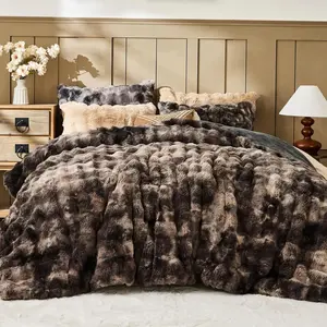 Faux Fur Full Comforter Set – Tie-Dye Dark Gray Comforter Full Size, Big Bubble Faux Fur Bedding Comforter Sets, Cozy Fuzzy Bed Set 3 Pieces, 1 Comforter and 2 Pillowcases