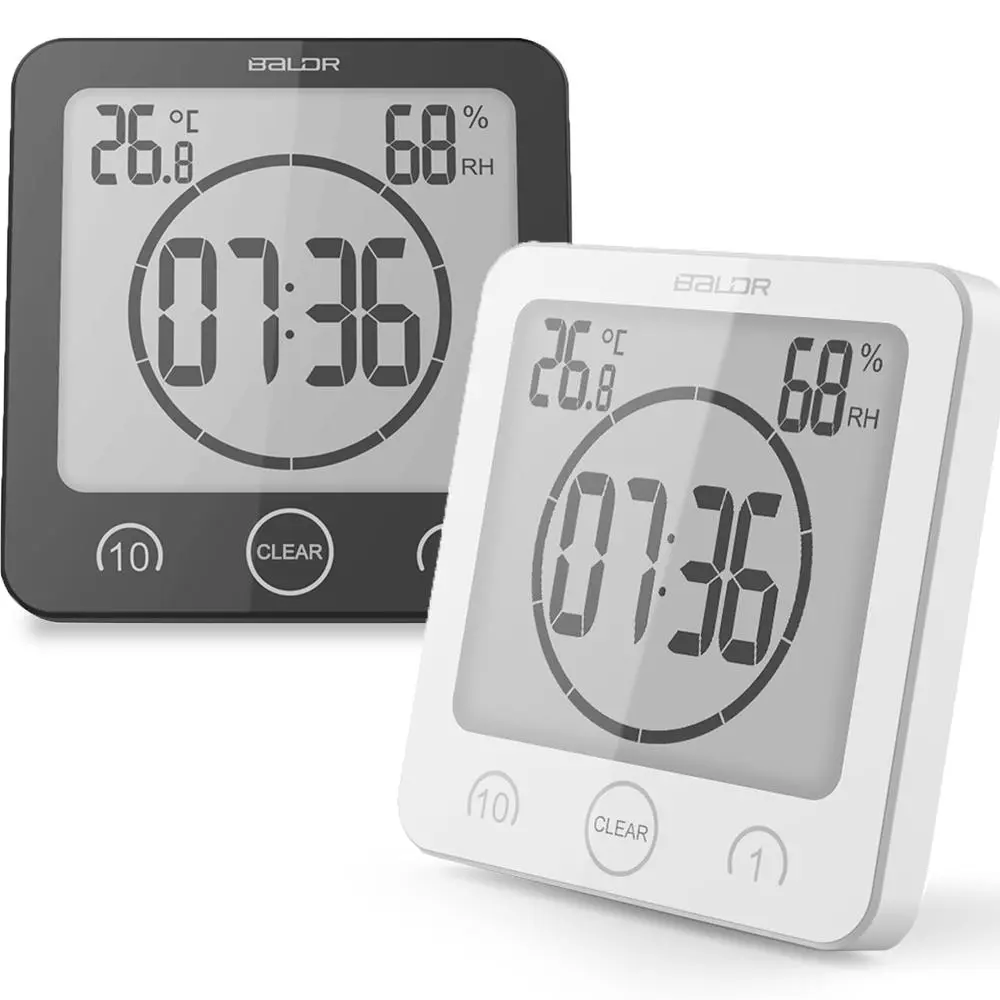 BALDR Waterproof Shower Clock w/ Timer (2 Packs) - Bathroom Clock Displays Time, Temperature & Indoor Humidity Decor Set