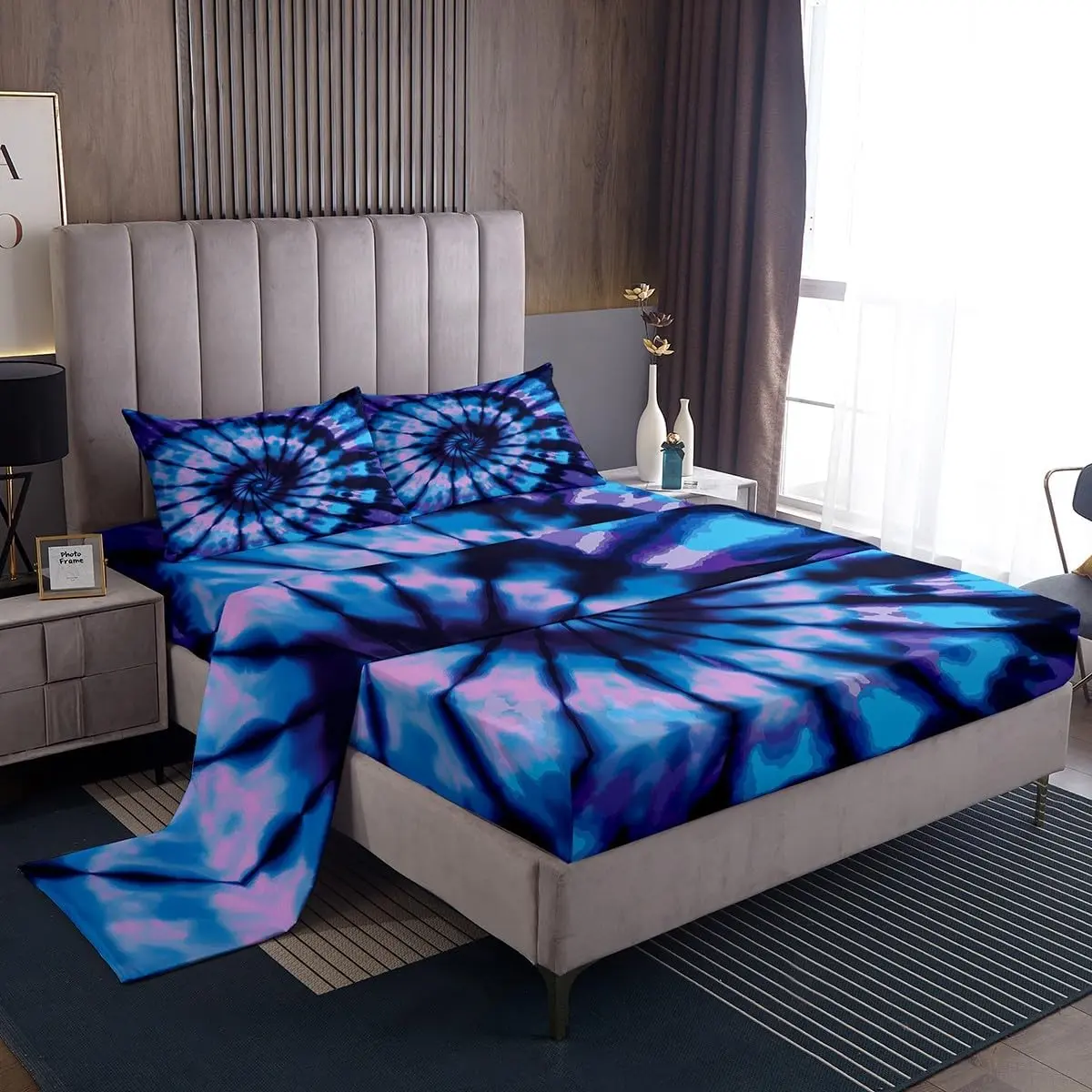 Feelyou Soft Microfiber Hippie Boho Bedding Set - Full Size, Purple Tie Dye/Blue Spiral Tie Dye Abstract Print, Deep-Pocket Fitted Sheets, Breathable for Cozy Setup, Bed Sheets, Soft Microfiber Bedding