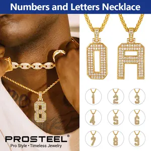 PROSTEEEL Bling Number Necklace Hip Hop Cubic Zirconia Golden Big 0-9 Numbers and 26 Letters Pendant for Rapper Pendant Necklace For Women Men