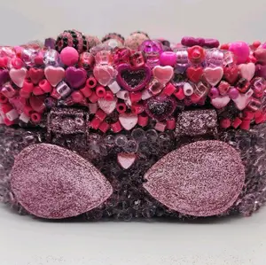 Pink Beaded Glitter Jewelry Box Handmade Kawaii Trinket Box with Heart and Glitter Design. Products are also available on Etsy: https://bintysmilez.etsy.com