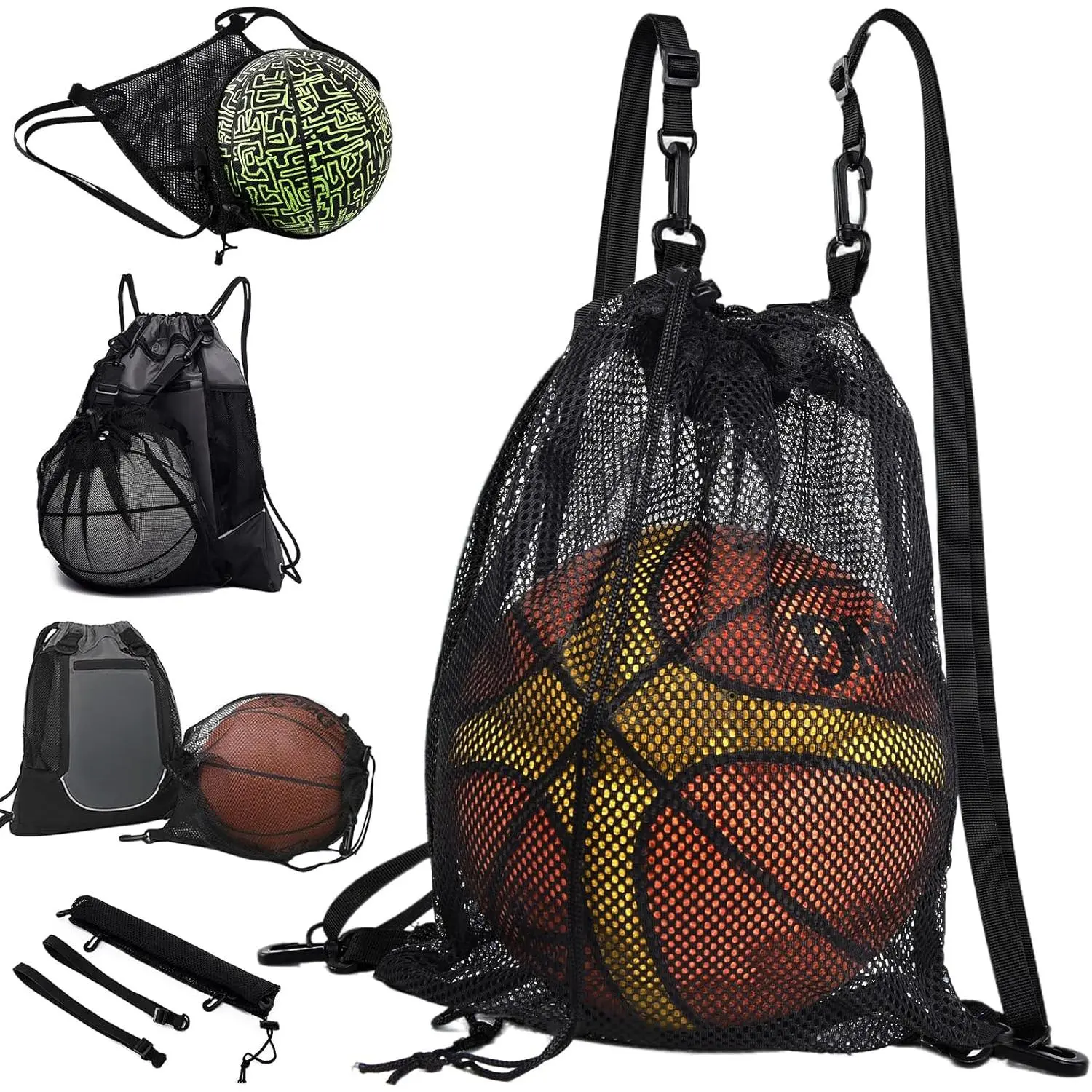 Drawstring Basketball Backpack for Boys, Foldable Soccer Backpack Gym Bag Sackpack Sports Sack with Detachable Ball Mesh Bag for Volleyball Baseball Yoga