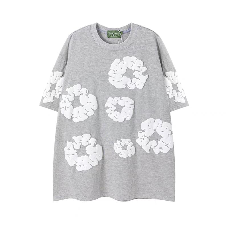 Denim Tears Kapok Foam Print Men's & Women's Short Sleeve Top, American High Street Loose Shorts | Brand New 3D Cotton Wreath Print Shorts | Floral Pattern Drawstring High-Waist Casual Pocket Shorts