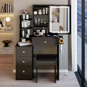 29.2" Small Size Left Bedside Cabinet Vanity Table + Cushioned Stool, 2 AC+2 USB Power Station, Hair dryer bracket, Extra Large Touch Control Sliding LED Mirror, Tri-color Switching, Brightness Adjust