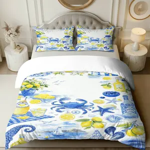 3PCS Duvet Cover Set, 1 Duvet+2 Pillowcases(Without filler), Coastal Nautical Blue Yellow Crab Lemon Seashell theme, Summer bedding set, Beach Coastal Nautical Summer Ocean Suitable for decoration Bedroom, Hotel, Guest Room, Vacation Home.