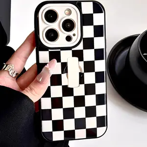 Black and white checkerboard invisible bracket shock-absorbing protective phone case, Cover, specially tailored for iPhone 17,16,15,14,13,12,11 series, Shockproof