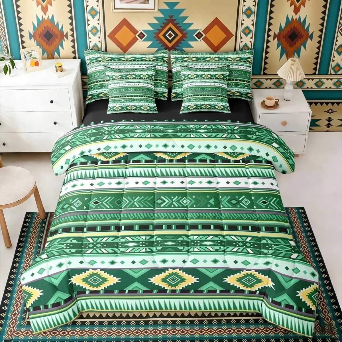 Cowboy White Dark Green Aztec 7 Piece Bedding Set | Southwestern Farmhouse Comforter Set with Sheets Bohemian Tribal Cowgirl Bed in A Bag Adults Geometric Bed Sets