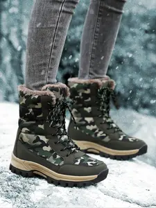 Women's High-Quality Fall Winter Lace-Up Waterproof Hiking Boots, Camo Outdoor Snow Boots, Fleece Lined, Thick Sole, Sizes 36-44