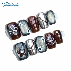 Brown Bloom Handmade Press-On Nails | Medium Almond Shape, 10pcs | Retro Goth Luxury Design | Dark Brown Base & Silver Black Cat Eye & 3D Hollow Flower & Metal Line & Rhinestone Accent & High Gloss | Reusable DIY Nail Kit for Women | Spring Trendy Nails