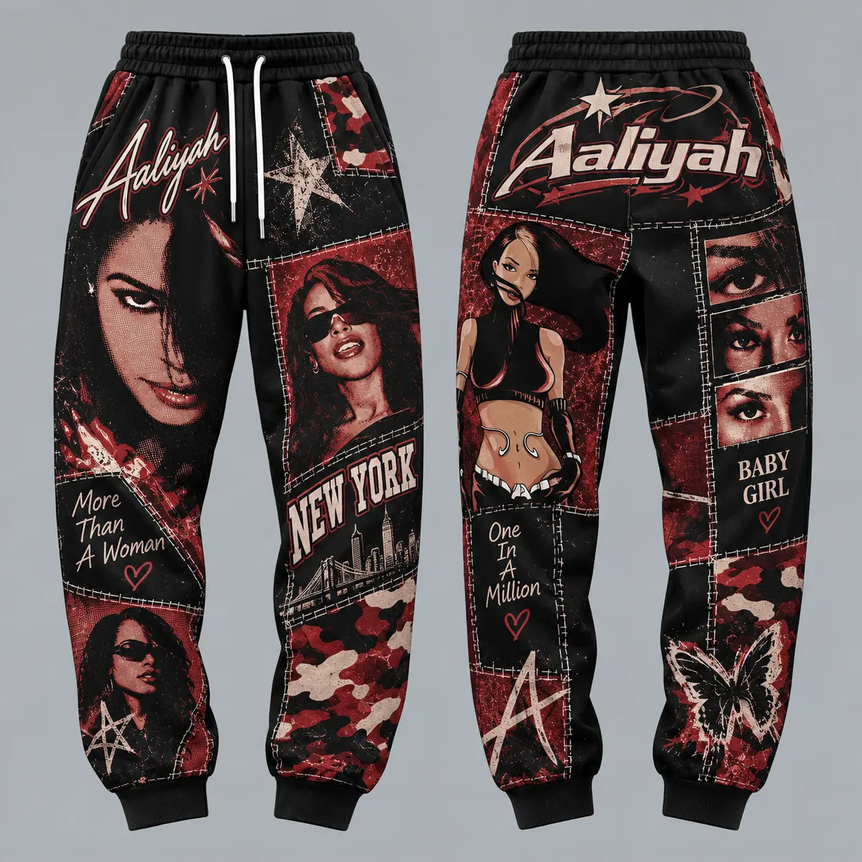 Aaliyah Sweatpants | Vintage R&B Music Fan Apparel | Y2K Grunge Faux Patchwork Joggers | Retro Hip Hop Graphic Pants
