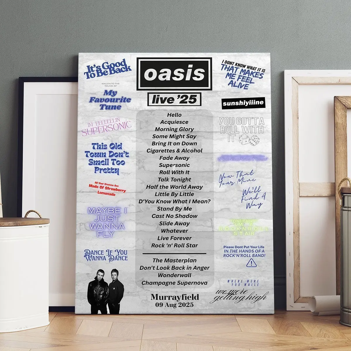 Oasis Performance Setlist Art Print Artwork Canvas with Solid Wood Frame, Fashionable Artistic Modern Home Decor for Living Room and Hallway Walls