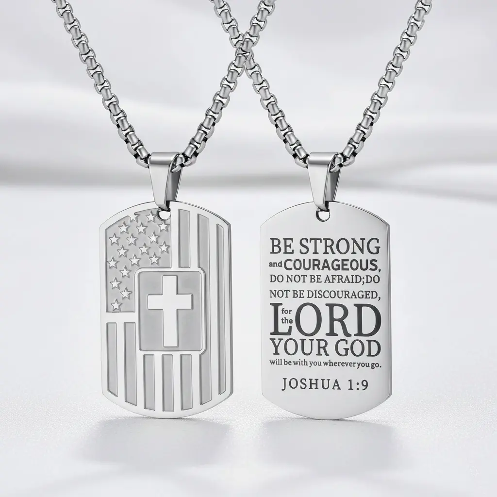 Men's American Flag Dog Tag, Double-Sided Bible Verse Spiritual Jewelry for Devotion & Pride, Hypoallergenic Stainless Steel, 24-Inch Chain, Birthday Gift, Loyalty, Father's Day Gifts
