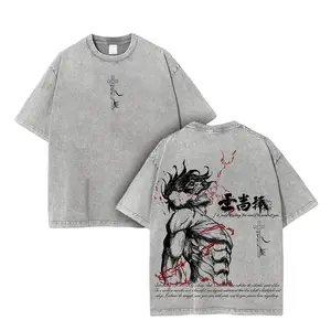 Menswear Eren Yeager Attack on Titan Oversized Vintage Washed Short-Sleeve Round Neck Unisex Casual Streetwear Manga Graphic Tee, Premium Fabrics
