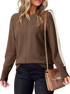 Women's Fall Sweaters Casual Long Sleeve Crewneck Color Block Pullover Knit Tops