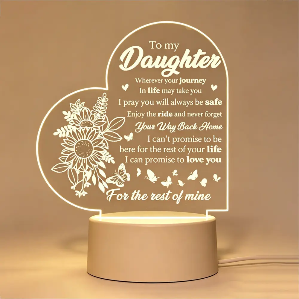 Heart Shaped Sunflower Engraved USB Acrylic LED Night Light - Sentimental and Inspiring Daughter Gift, Uplift Spirits Desk Lamp, Enhance Home Decor Birthday Keepsake for Girls