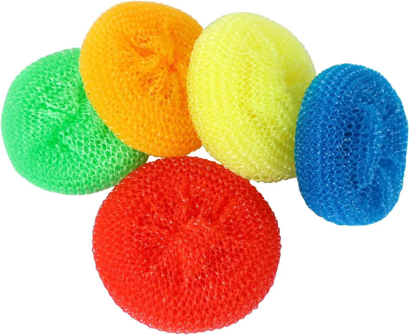 Plastic Dish Scrubbers for Dishes Plastic Pot Round Scrubber Scouring Pad Dish Scourers, Assorted Colors Poly Mesh Scouring Dish Pads for Kitchen Cleaning, Pack of 5