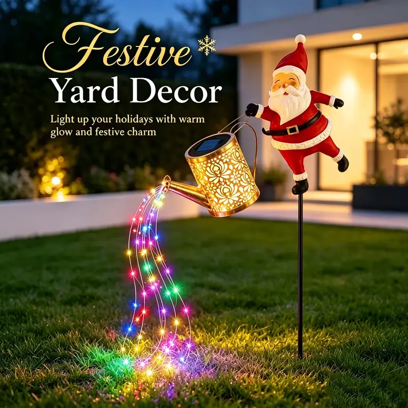 RUIDEL MICHAELS outdoor solar Santa Claus statue light, Christmas outdoor decor with maximum ambiance, realistic Santa Claus holding a hollow watering can, the intricately carved watering can emits soft, warm light, colorful string lights powered by solar