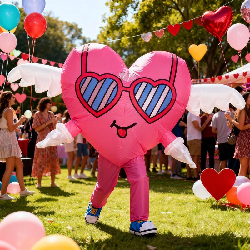 Adult Pink Heart-shaped Inflatable Costume with Built-in Fan Polyester Full-Body Outfit for Valentine's Day Wedding Anniversary Mother's Day Father's Day Birthday Fits 155-180cm Clothes Womenswear