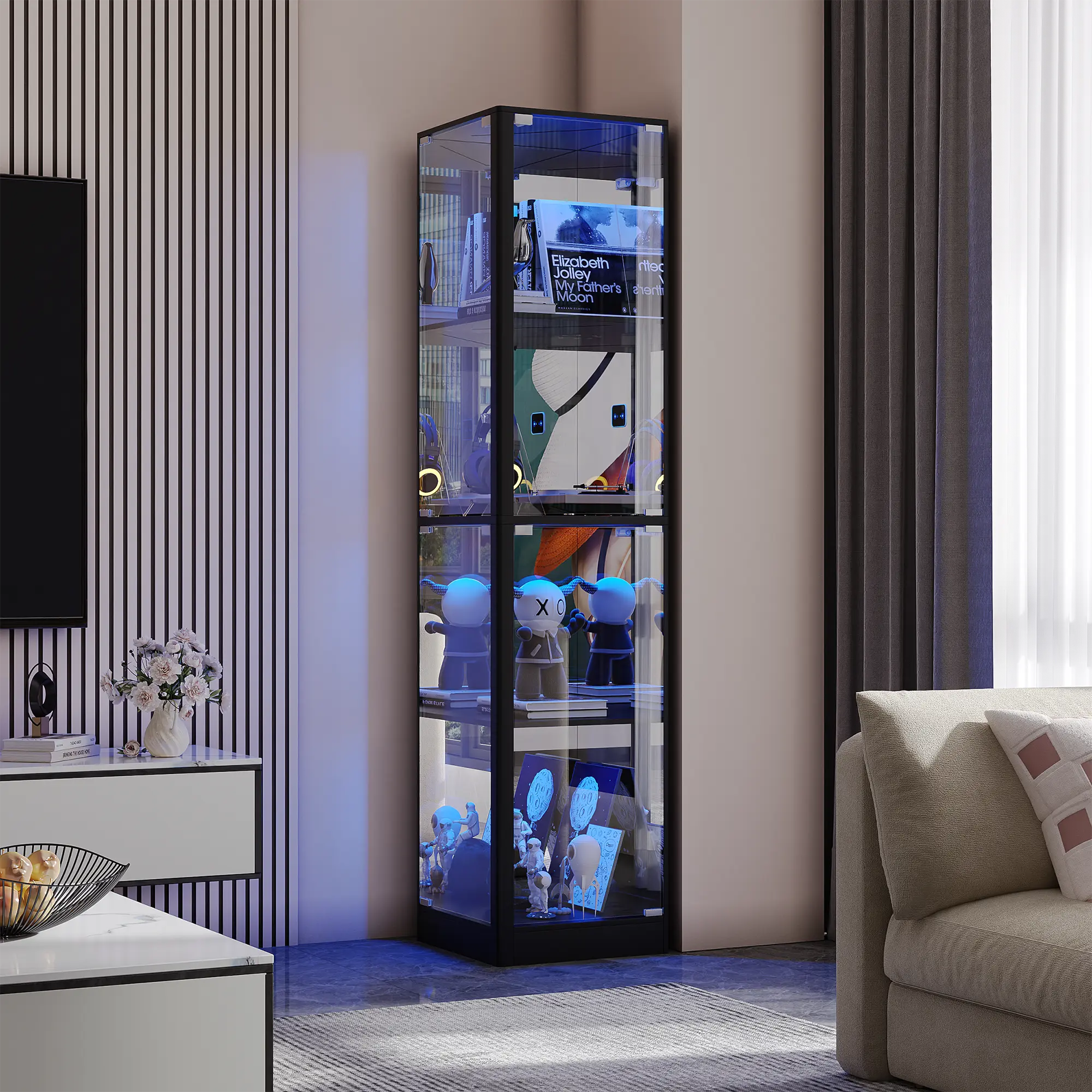 Dystler Display Cabinet with Glass Doors, 68" Corner Curio Cabinets with LED Lights, 4-Tier Glass Display Case for Collectibles/Toys/Books, Mirrored Storage Cabinet, Black/White