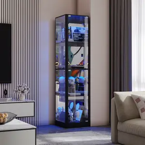 Dystler Display Cabinet with Glass Doors, 68" Corner Curio Cabinets with LED Lights, 4-Tier Glass Display Case for Collectibles/Toys/Books, Mirrored Storage Cabinet, Black/White