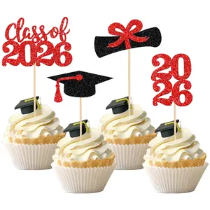 36 PCS Glitter 2026 Graduation Theme Cupcake Toppers Class of 2026 Grad Cap Diploma Cupcake Picks Graduation Party Cake Decorations Supplies Red