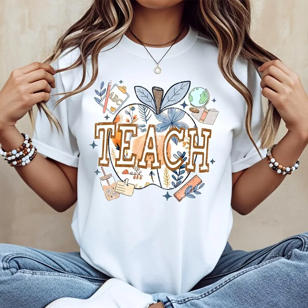 Apple Graphic Teach Print T-Shirt, Back To School Teacher Appreciation Gift, Classroom Education Workwear