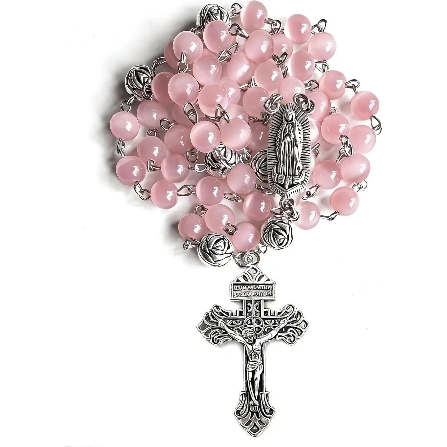 Catholic Rosary Beads with 8mm White Cat's Eye Glass, Ornate Silver Crucifix and Virgin Mary Medal, 24 Inch, 59 Pieces