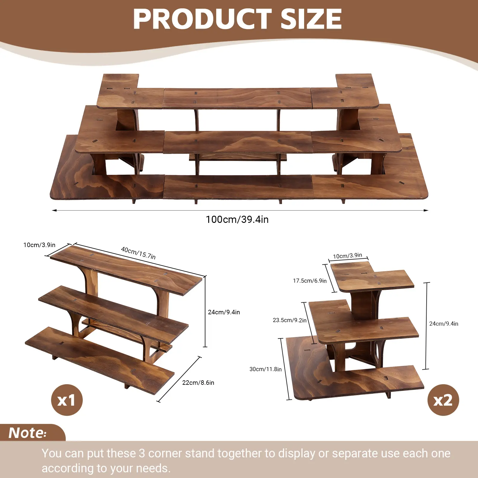 BEKRVIO-3-Tier Heavy-Duty Wooden Display Stand 3pcs, Portable Multi-Tier Tabletop Shelf with Corner Shelves for Retail, Wedding, Craft Shows, Farmers Market, Trade Shows, Walnut Cake Stand, Counter Exhibit, Storage Rack, Figure & Product Display Stand