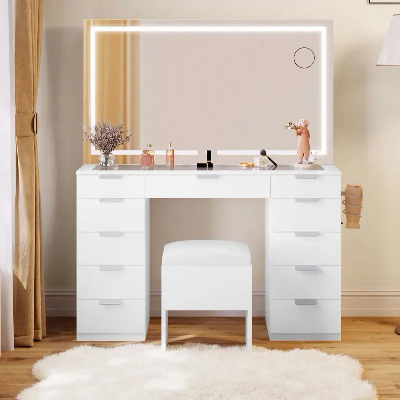 Vanity Set Led Lighted with Sliding Mirror Makeup Dressing Table 11 Drawer