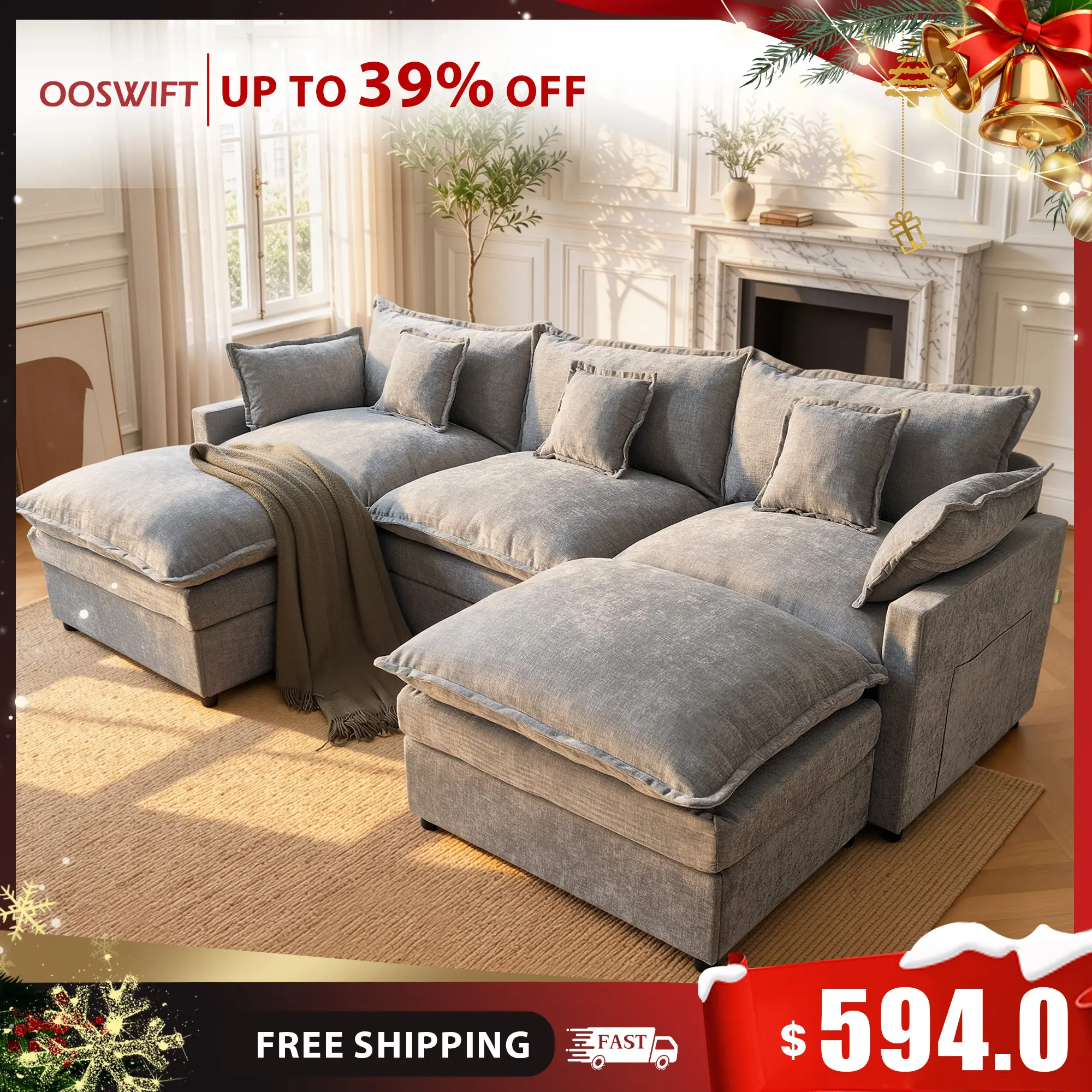 【2 Packages Shipping】OOSWIFT 108" Cloud Couch You’ll Never Want to Leave – U Shaped Deep Seat Sofa, Sink-In Comfort, 2 Ottomans, The Ultimate Lazy Living Room Setup
