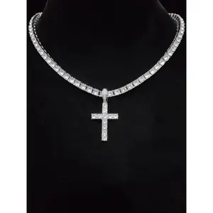 2026 luxury Rhine Stone Cross necklace Cuban chain necklace frozen jewelry streetwear punk accessories suitable for girlfriend autumn fashion necklace