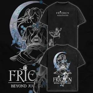 Frieren Beyond Journey's End Graphic Tee – Dark Anime Streetwear Shirt, Frieren Manga Merch, Vintage Washed Anime T-Shirt, Oversized Otaku Fashion Apparel, Viral Anime Shirt for Men & Women Fans