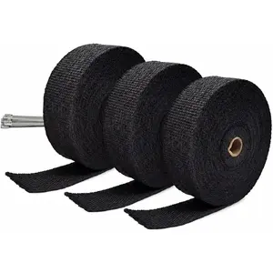 Black Fiberglass Exhaust Header Wrap 2" x 50' with 10pcs 11.8 Inch Stainless Steel Locking Ties (3-Pack)