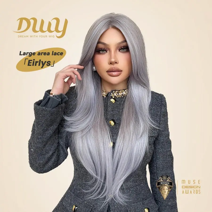 Eirlys-DWY 13×6 Lace Front Free Part Long-Length Natural Wavy Purple Gray with Highlighted Glueless Synthetic Wig for Women 28 Inches