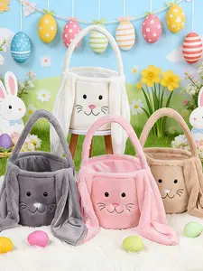 Easter Decorations, Reusable Easter Storage Basket, Egg Holder Bag, Long Ears Rabbit Plush Basket, Cute Cartoon Pattern, Handheld Candy Gift Bag